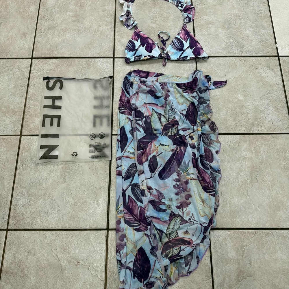 SHEIN Purple and Light Blue Tropical Bikini Set with Sarong